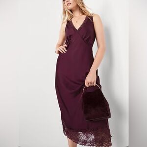OLD NAVY | Plum Lace-Trim Satin Midi Dress